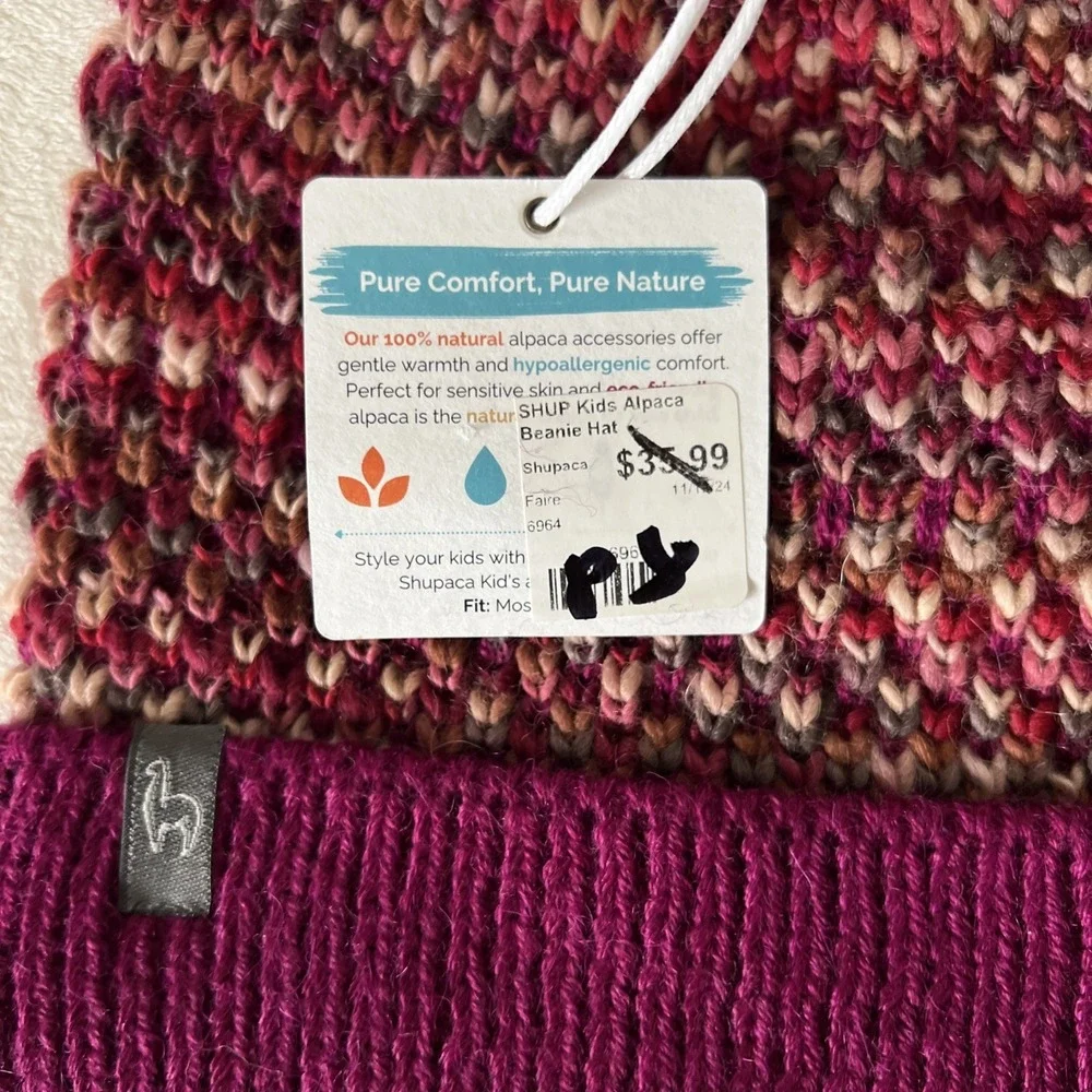 Shupaca Kids Alpaca Wool Beanie Hat w/ Pom NWT Fuchsia Pink Braided Knit Luxury
